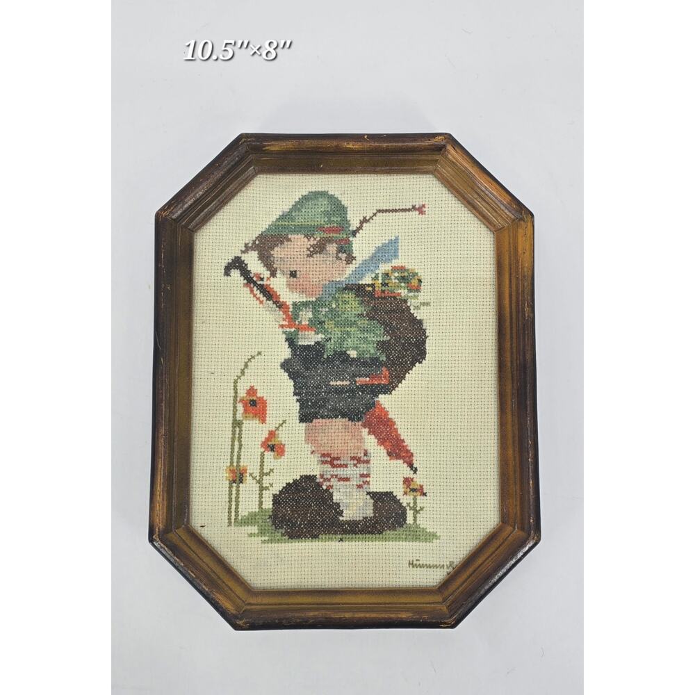 Vintage Framed Hummel-Style Cross‎ Stitch Art